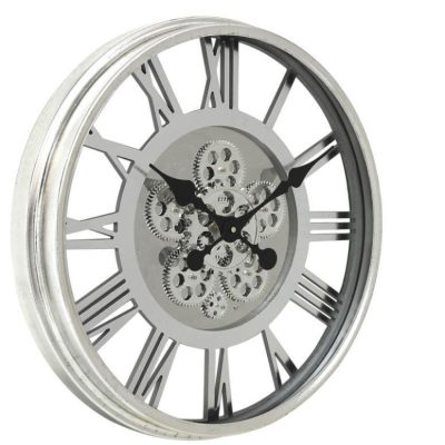 Wall Clock – Round Skeleton Design – Moving Centre Cogs – Silver Finish