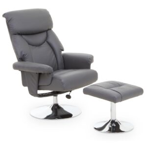 Easy Chair - 'Denver' Recliner Chair & Footstool - Grey Leather Effect