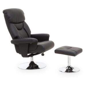 Easy Chair - 'Denver' Recliner Chair & Footstool - Black Leather Effect