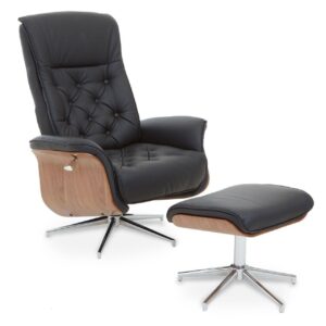 Easy Chair - 'Blackburn' Recliner Chair & Footstool - Black Leather Effect