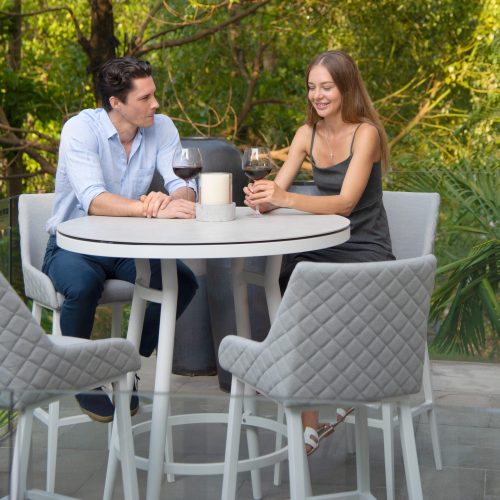 4 Seat High Garden Bar Set - White Finish - Light Grey All Weather Fabric - Glass Top