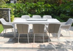 8 Seat Rectangular Fire Pit Garden Dining Set - All Weather Grey Fabric
