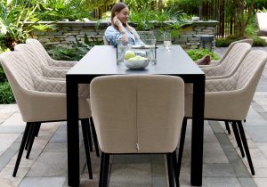 8 Seat Rectangular Fire Pit Garden Dining Set - All Weather Taupe Fabric