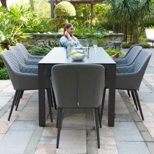 8 Seat Rectangular Fire Pit Garden Dining Set - All Weather Grey Fabric