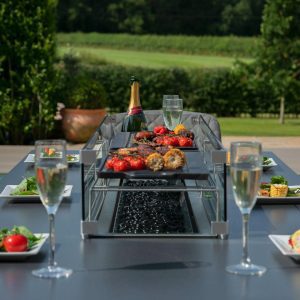 8 Seat Rectangular Fire Pit Garden Dining Set - All Weather Charcoal Fabric