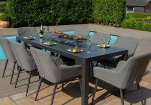 8 Seat Rectangular Fire Pit Garden Dining Set - All Weather Grey Fabric
