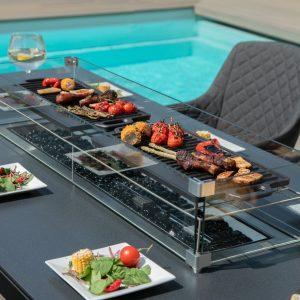 8 Seat Rectangular Fire Pit Garden Dining Set - All Weather Charcoal Fabric