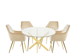 100cm Round Dining Table & Chair Set - Polished Gold Metal - Glass Top
