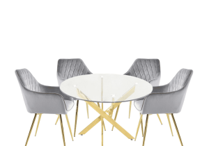 100cm Round Dining Table & Chair Set - Polished Gold Metal Finish - Glass Top