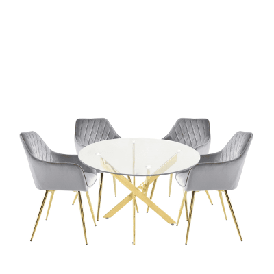 100cm Round Dining Table & Chair Set - Polished Gold Metal Finish - Glass Top