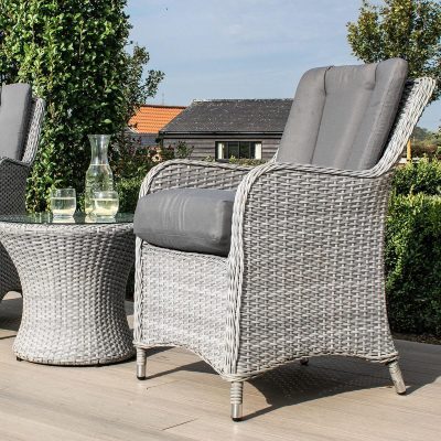 2 Seat Bistro Set – Glass Top Table – 2 Chairs – Grey Round Polyweave