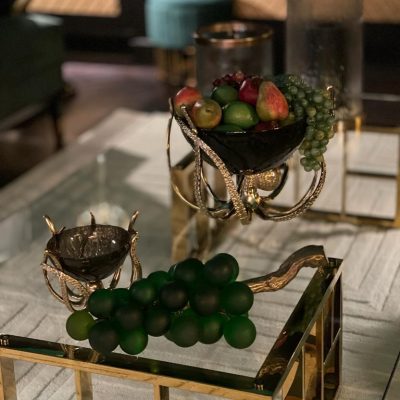 French Grapes – Large Carved Glass – Antique Brass Finish – Green