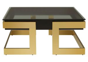 Coffee Table - Black Glass Top - Polished Brass Frame Surround