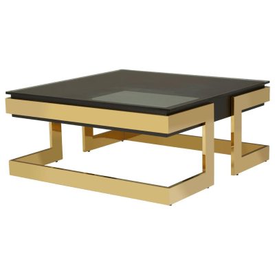 Coffee Table – Black Glass Top – Polished Brass Frame Surround