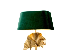 Table Lamp - Polished Brass Palm Leaf Design - Green Velvet Shade