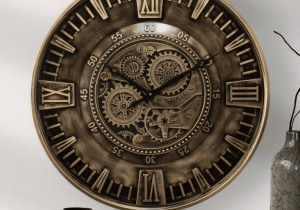Wall Clock - Moving Cogs - Dark Champagne Gold Finish - 60cm