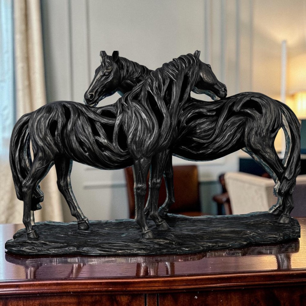 Carved Black Driftwood Design 'Carved Mare' Horses- Cast Bronze Finish