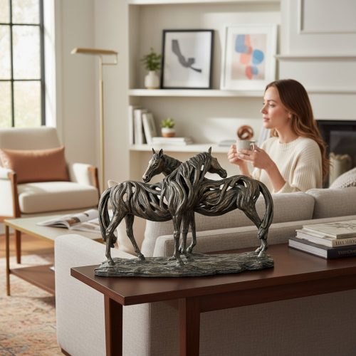 Driftwood Design ‘2 Carved Mares’ Horse Statue – Cast Bronze Finish