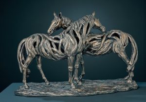 Driftwood Design '2 Carved Mares' Horse Statue - Cast Bronze Finish