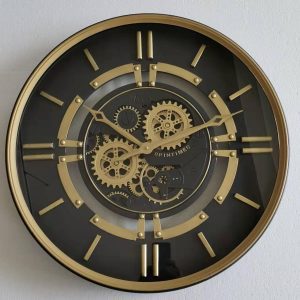Wall Clock - Moving Cogs - Black & Gold Finish - 60cm