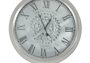 Wall Clock -'Grand central Station'- Moving Cogs - Silver & Glass Finish