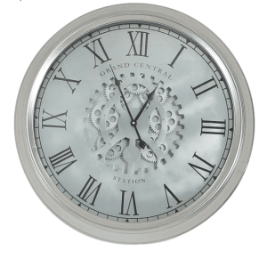 Wall Clock -'Grand central Station'- Moving Cogs - Silver & Glass Finish