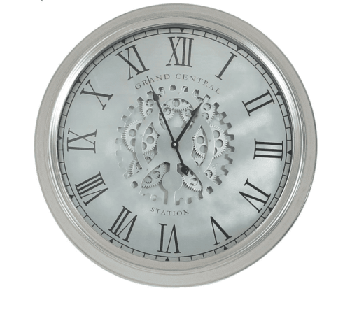 Wall Clock -'Grand central Station'- Moving Cogs - Silver & Glass Finish