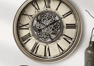 Wall Clock - Moving Cogs - Champagne Gold Finish - Roman Numerals - 66cm