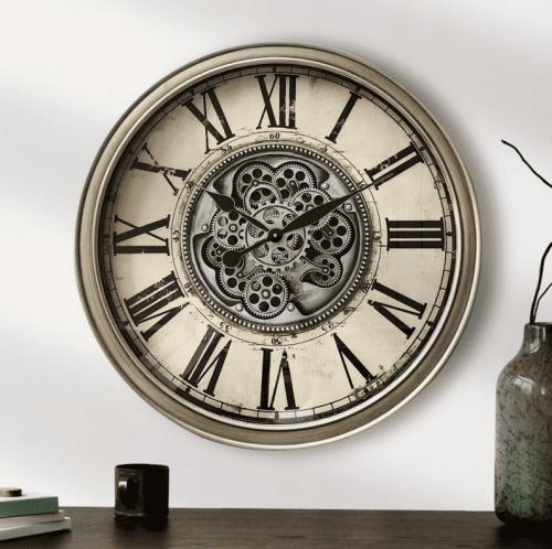 Wall Clock - Moving Cogs - Champagne Gold Finish - Roman Numerals - 66cm