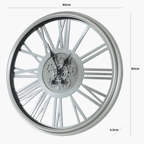 Wall Clock - Skeleton Design - Moving Cogs - Silver & Glass Finish