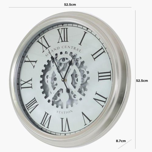 Wall Clock -'Grand central Station'- Moving Cogs - Silver & Glass Finish