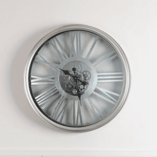 Wall Clock - Skeleton Design - Moving Cogs - Silver & Glass Finish