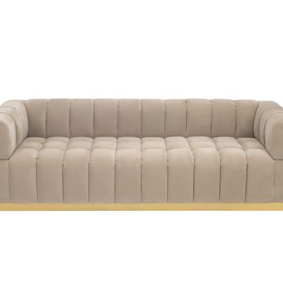 3 Seater Sofa - Ribbed Soft Latte Velvet - Brass Finished Feet Surround