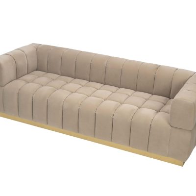 3 Seater Sofa – Ribbed Soft Latte Velvet – Brass Finished Feet Surround