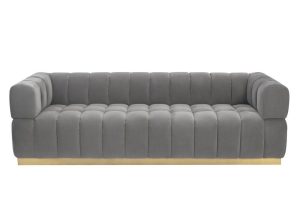 3 Seater Sofa - Ribbed Arctic Grey Velvet - Brass Finished Feet Surround