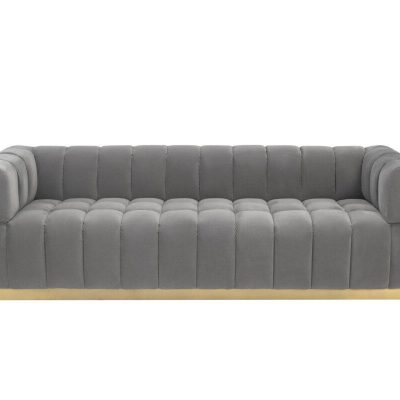 3 Seater Sofa - Ribbed Arctic Grey Velvet - Brass Finished Feet Surround