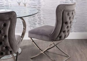 Dining Chair - Grey Velvet - Deep Buttoned High Back - Chrome Legs