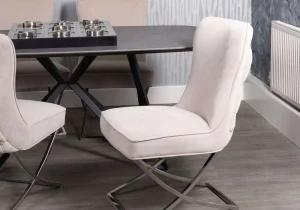 Dining Chair - Beige Velvet - Deep Buttoned High Back - Chrome Legs