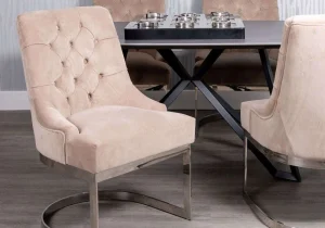Dining Chair - Beige Velvet - Deep Buttoned High Back - Chrome Legs