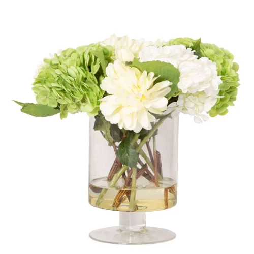 Flower Arrangement - Mixed White - Green Hydrangeas & Dalilah - Glass Vase