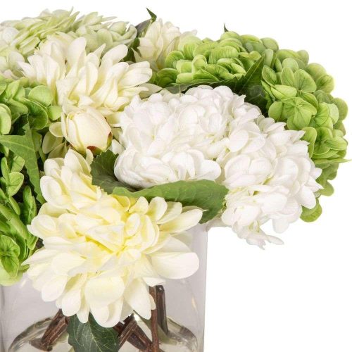 Flower Arrangement - Mixed White - Green Hydrangeas & Dalilah - Glass Vase