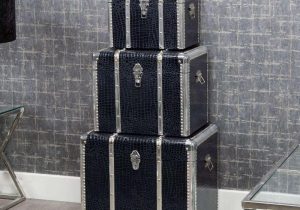 Storage Trunks - Set Of 3 - Chrome - Navy Blue Crocodile Finish