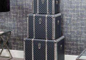 Storage Trunks - Set Of 3 - Chrome Edged- Navy Blue Check