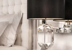 Table Lamp - Sculptured Crystal Base - Black & Cream Inlaid Round Shade