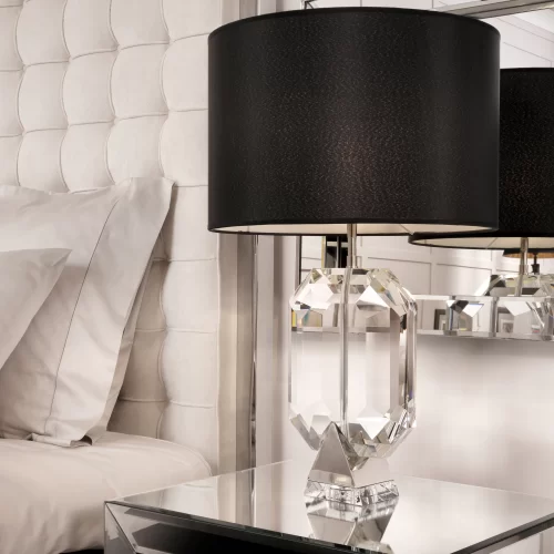 Table Lamp - Sculptured Crystal Base - Black & Cream Inlaid Round Shade