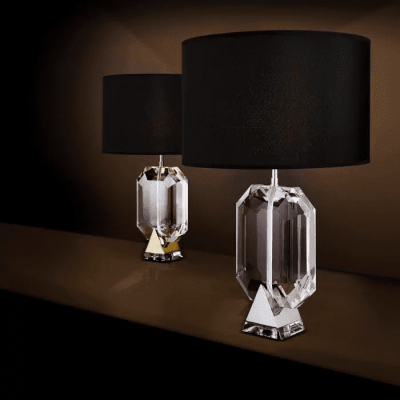 Table Lamp – Sculptured Crystal Base – Black & Gold Inlaid Round Shade