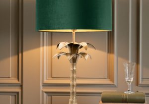 Table Lamp - Sculptured Palm Tree Design Brass Base - Green Velvet Shade