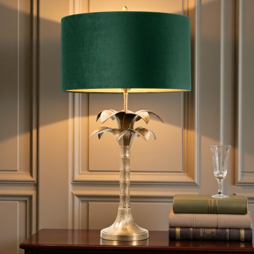 Table Lamp - Sculptured Palm Tree Design Brass Base - Green Velvet Shade