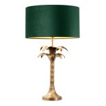 Table Lamp - Sculptured Palm Tree Design Brass Base - Green Velvet Shade