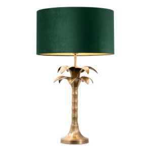 Table Lamp - Sculptured Palm Tree Design Brass Base - Green Velvet Shade